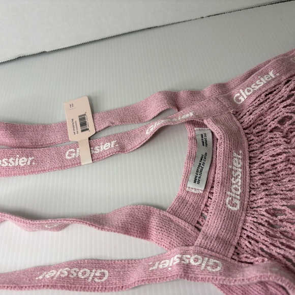 NEW Glossier Beauty Pink Mesh Twill Shopping Shoulder Bag Satchel Knit - Picture 4 of 8